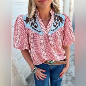 THML Red Gingham Western Embroidered Yoke Blouse